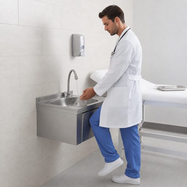 Lavamanos de pared en acero inoxidable con pedal de rodilla